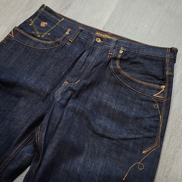 Rocawear Y2K Baggy Jeans Men 38x33 Gold Topstitching Indigo Blue